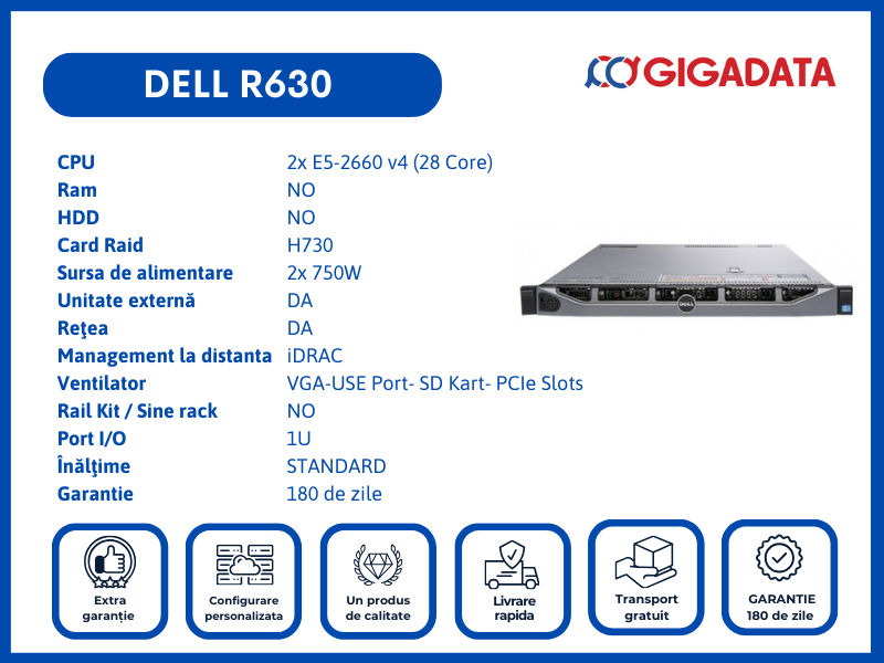 Server Dell PowerEdge R630, 8SFF, 2x Xeon E5-2660 v4, H730 RAID, 2x PSU - DELL