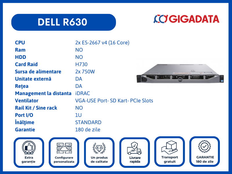 Server Dell PowerEdge R630, 8SFF, 2x Xeon E5-2667 v4, H730 RAID, 2x PSU - DELL