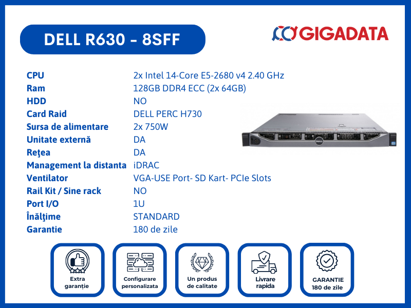 Server Dell PowerEdge R630, 8SFF, 2x Xeon E5-2680 v4, 128GB DDR4 ECC, H730 RAID, 2x PSU - Dell