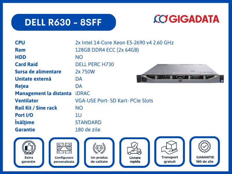 Server Dell PowerEdge R630, 8SFF, 2x Xeon E5-2690 v4, 128GB DDR4 ECC, H730 RAID, 2x PSU - DELL
