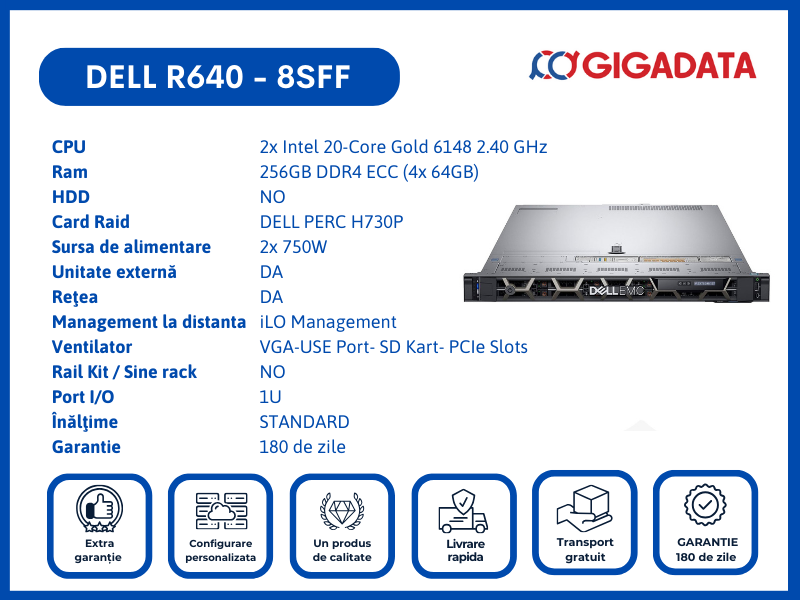 Server Dell PowerEdge R640, 8SFF, 2x Gold 6148, 256GB DDR4 ECC, H730P RAID, 2x PSU - DELL
