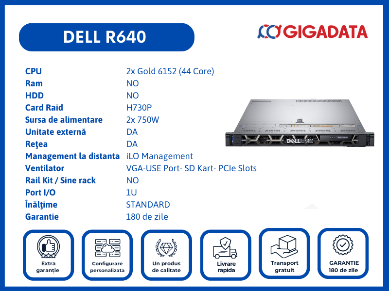 Server Dell PowerEdge R640, 8SFF, 2x Gold 6152, H730P RAID, 2x PSU - DELL
