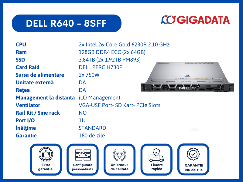 Server Dell PowerEdge R640, 8SFF, 2x Gold 6230R, 128GB DDR4 ECC, 2x 1.92GB SSD, H730P RAID, 2x PSU - 1