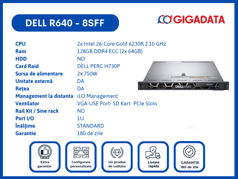 Server Dell PowerEdge R640, 8SFF, 2x Gold 6230R, 128GB DDR4 ECC, H730P RAID, 2x PSU - 1