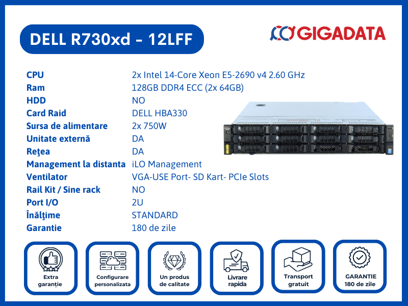 Server Dell PowerEdge R730xd, 12LFF, 2x Xeon E5-2690 v4, 128GB DDR4 ECC, HBA330 RAID, 2x PSU - DELL