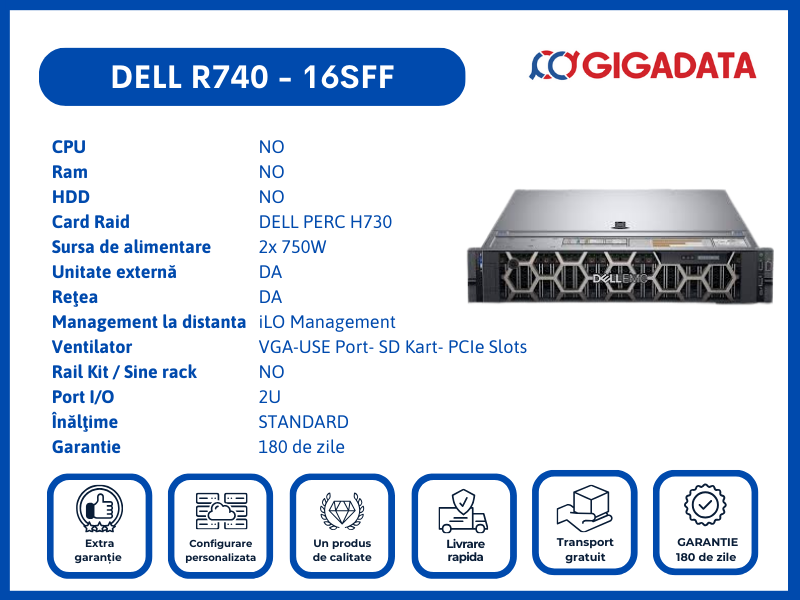 DELL PowerEdge R740 CTO, 16SFF, 2x PSU Raid PERC H730, Refurbished, GARANTIE 6 LUNI - DELL