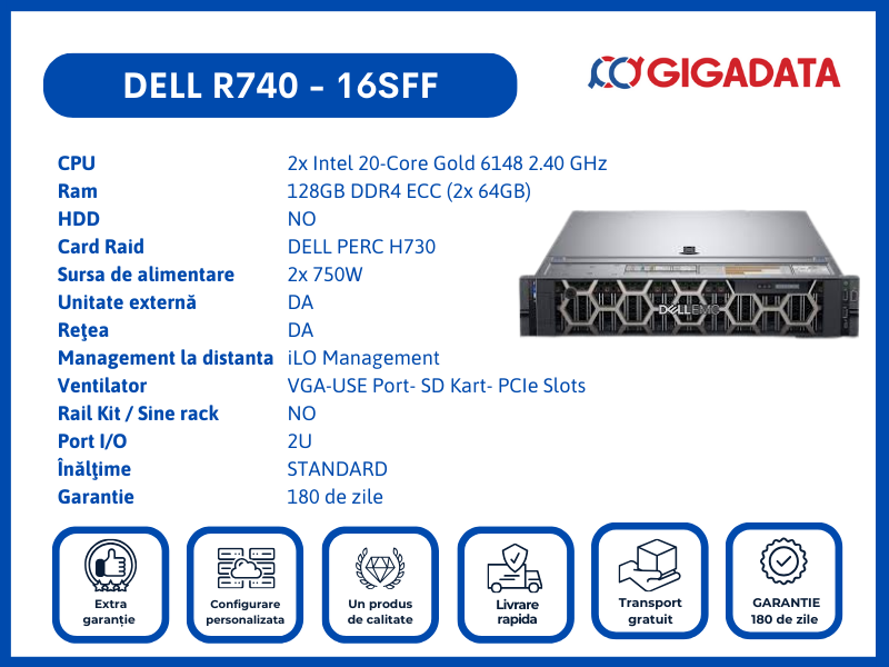 Server Dell PowerEdge R740, 16SFF, 2x Gold 6148 , 128GB DDR4 ECC, H730 RAID, 2x PSU - DELL