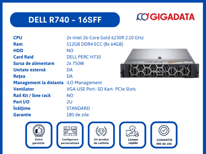 Dell PowerEdge R740, 16SFF, 2x Gold 6230R, 512GB DDR4 ECC, H730 RAID, 2x PSU - Dell