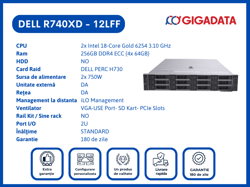 Server Dell PowerEdge R740XD, 12LFF, 2x Gold 6254 , 256GB DDR4 ECC, H730 RAID, 2x PSU - Dell