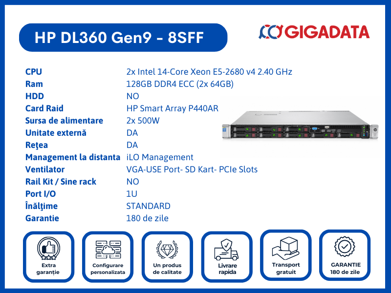 Server HP ProLiant DL360 Gen9, 8SFF, 2x Xeon E5-2680 v4, 128GB DDR4 ECC, P440AR RAID, 2x PSU - HP