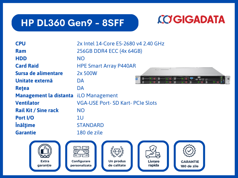 Server HP ProLiant DL360 Gen9, 8SFF, 2x Xeon E5-2680 v4, 256GB DDR4 ECC, P440AR RAID, 2x PSU - HP