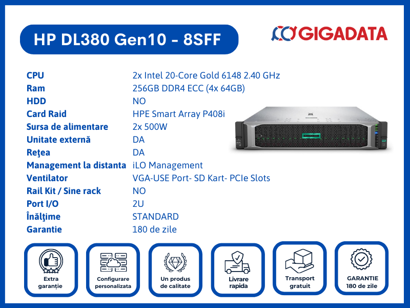 Server HP ProLiant DL380 Gen10, 8SFF, 2x Gold 6148, 256GB DDR4 ECC, P408i RAID, 2x PSU - 1