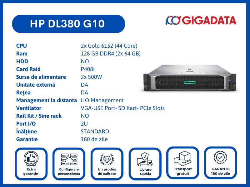 Server HP ProLiant DL380 Gen10, 2 x Intel 22-Core Xeon Gold 6152 2.10 GHz, 128GB DDR4 ECC, RAID Smart Array P408 2 x PSU, GARANTIE 6 LUNI - HP