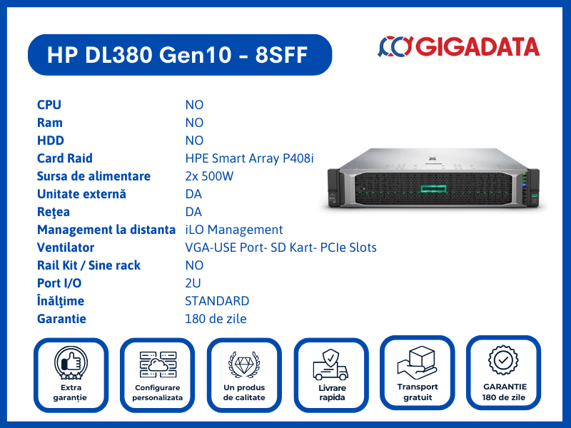 HP ProLiant DL380 Gen10 CTO, 8SFF, 2x PSU, RAID Smart Array P408i, Refurbished, GARANTIE 6 LUNI - HP