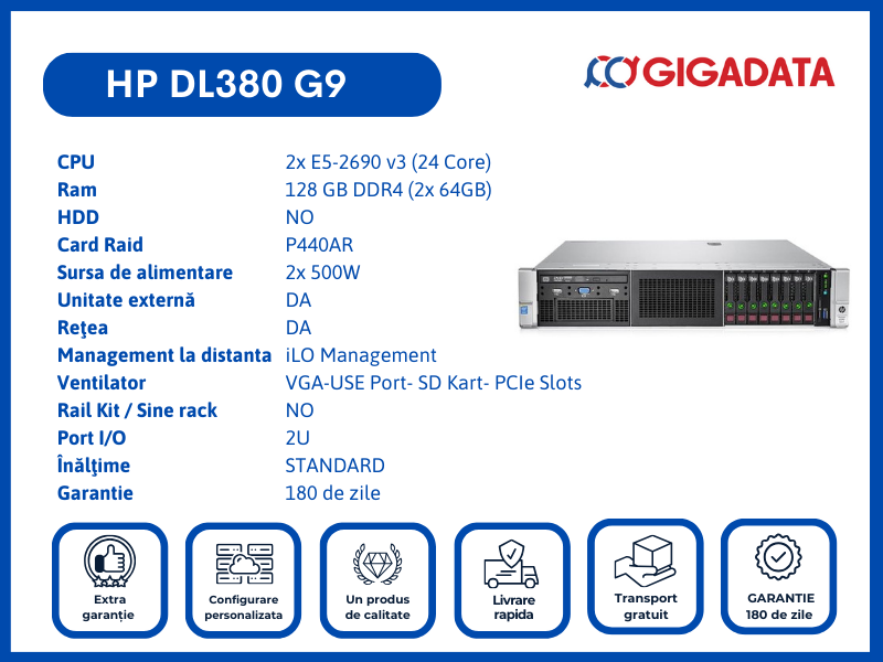 Server HP ProLiant DL380 Gen9, 2 x Intel 12-Core Xeon E5-2690 v3 2.60 GHz, 128GB DDR4 ECC, RAID Smart Array P440ar, 2 x PSU, GARANTIE 6 LUNI - HP