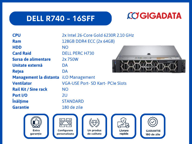 Server Dell PowerEdge R740, 16SFF, 2x Gold 6230R , 128GB DDR4 ECC, H730 RAID, 2x PSU - Dell