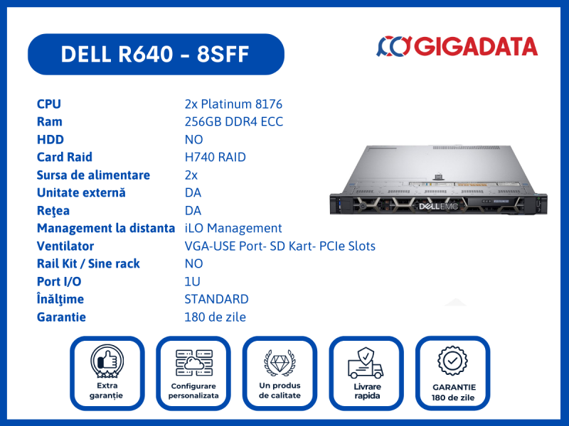 Server Dell PowerEdge R640, 8SFF, 2x Platinum 8176, 256GB DDR4 ECC, H740 RAID, 2x PSU - Dell