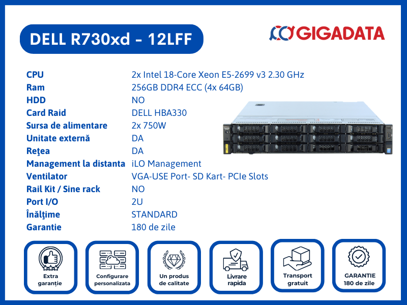 Server Dell PowerEdge R730xd, 12LFF, 2x Xeon E5-2699 v3, 256GB DDR4 ECC, HBA330 RAID, 2x PSU - DELL